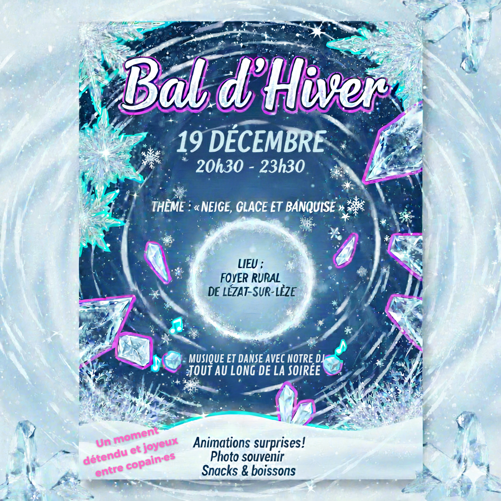 Flyer du Bal d'Hiver - 19 Décembre 2025, Foyer Rural de Lézat-sur-Lèze - Thème Neige, Glace et Banquise